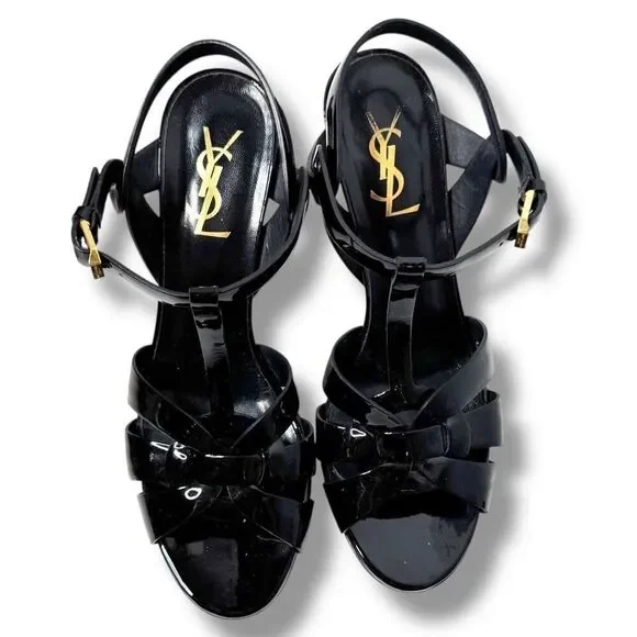Saint Laurent Tribute Black Patent Leather Platform High Heel Sandals Size 37.5 - Picture 4 of 13
